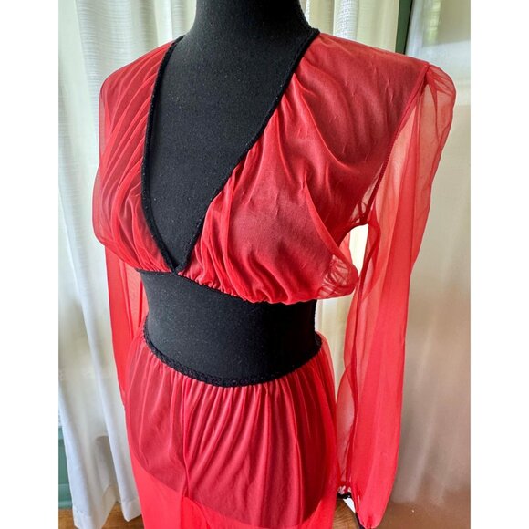 Vintage 1970s lingerie set, lipstick red, black trim, Genie harem style pajama - Picture 3 of 8